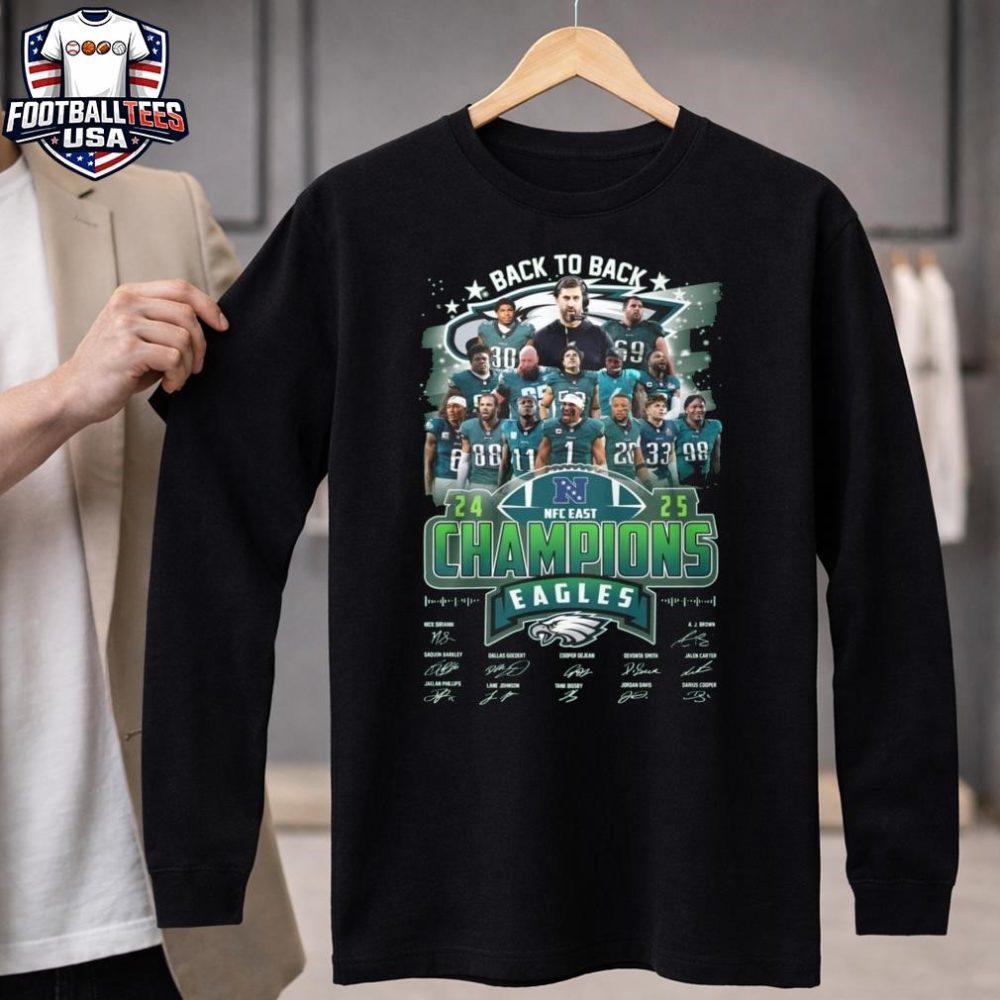 Philadelphia Eagles 2025 Nfc East Champions Back To Back Signatures T-Shirt - Image 4