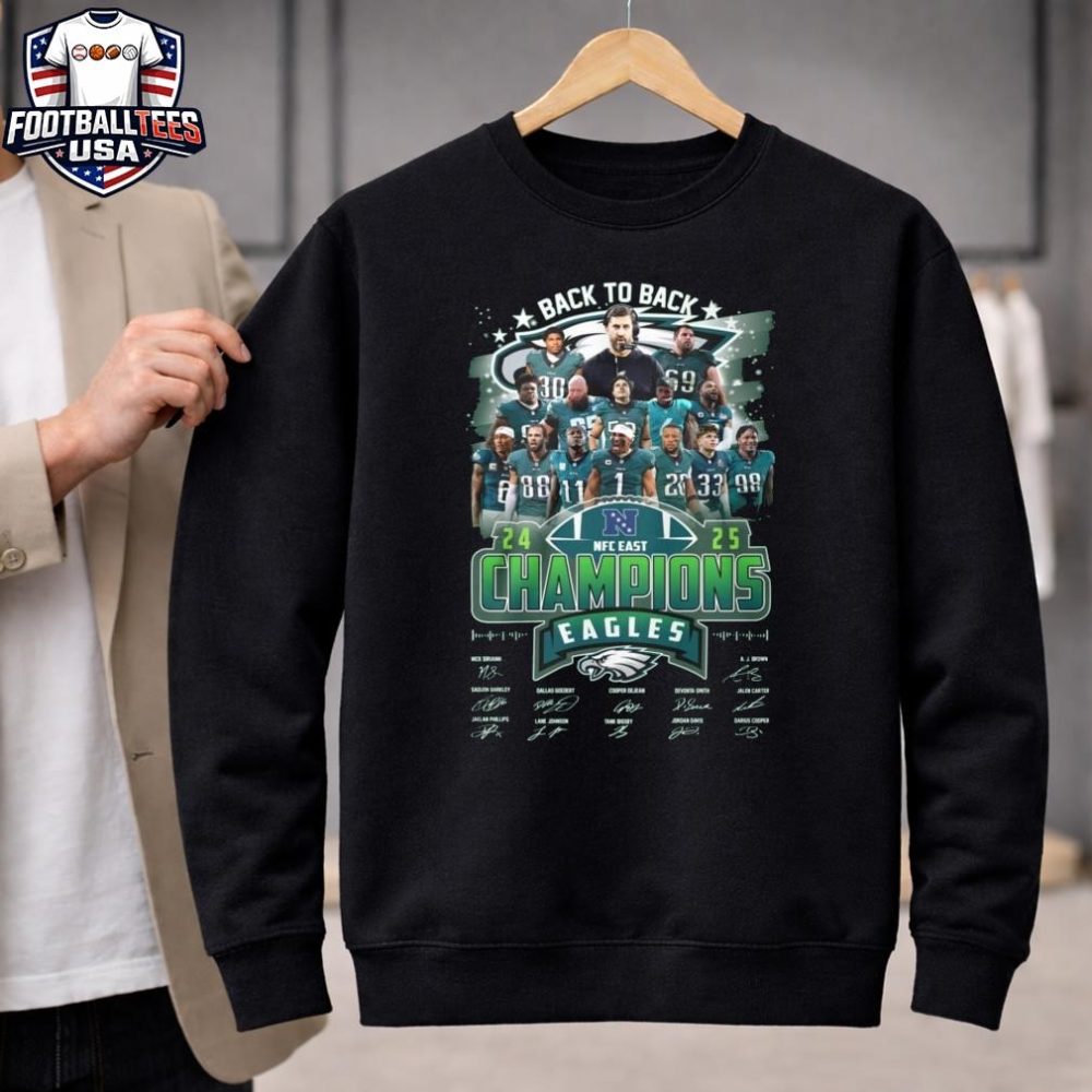 Philadelphia Eagles 2025 Nfc East Champions Back To Back Signatures T-Shirt - Image 2
