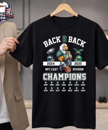 Philadelphia Eagles Nfc East 2025 Champions Back To Back 1980-2025 Mascot T-Shirt