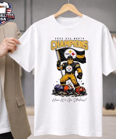 Pittsburgh Steelers 2025 Nfl Afc North Champions Here We Go Steelers Mascot Flag Unisex Shirt