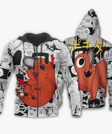 Chainsaw Man Zip Hoodie Pochita Manga Style Zip Hoodie Black White Unisex