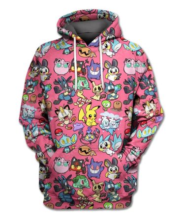Pkm Hoodie All Pkm Pikachu Gengar Pattern Hoodie Pink Unisex