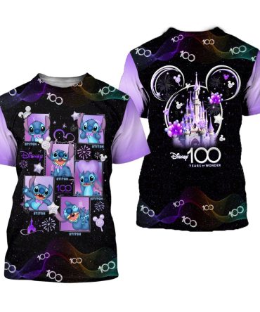 Disney T-Shirt Stitch Square Disney 100 Years Of Wonder T-Shirt Black Purple Unisex Adults New Release
