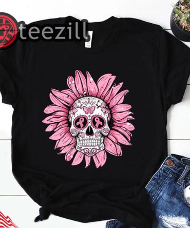 Sunflower Sugar Skull Breast Cancer Awareness Tshirt