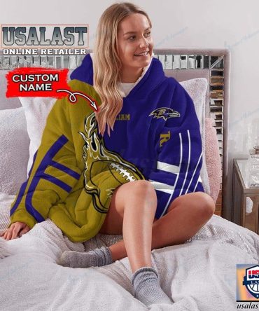 New Personalized Baltimore Ravens Fire Ball Blanket Hoodie Hooded Blanket