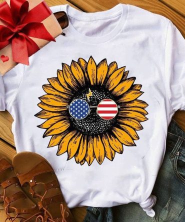 Women'S America Sunflower T-Shirt 4Th July Shirt Boho America Shirts Memorial Day Shirt