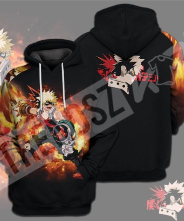 My Hero Academia T-Shirt Bakugou Silhouette Fire My Hero Academia Logo Black T-Shirt Hoodie