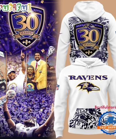 Baltimore Ravens 30 Season 1996 -2026 White Hoodie
