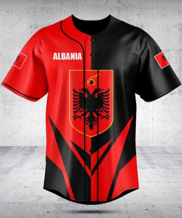 Albania Flag Baseball Jersey - Stylish Red & Black Sportswear For Fans