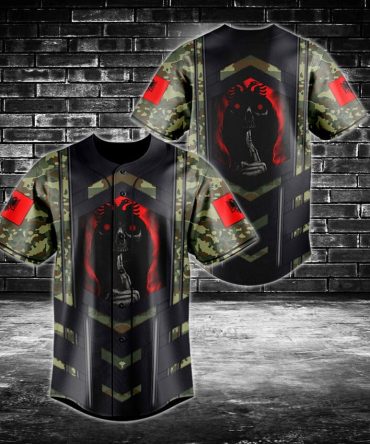 Men'S Camouflage Skull Baseball Jersey - Unique Gothic Streetwear With Red Highlights