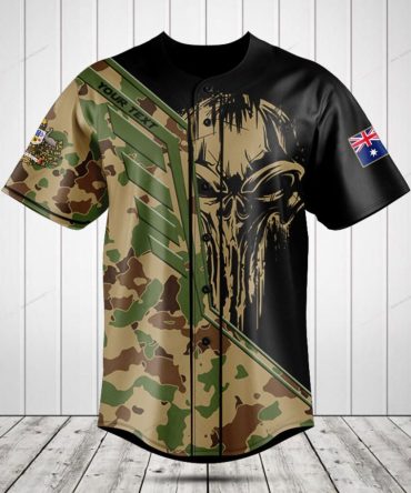 Customizable Camo Skull Baseball Jersey – Military Style With Flag Patch