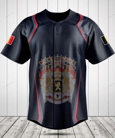 Stylish Black Baseball Jersey With Lion Crest & Flag Patches - Perfect For Sports Fans!