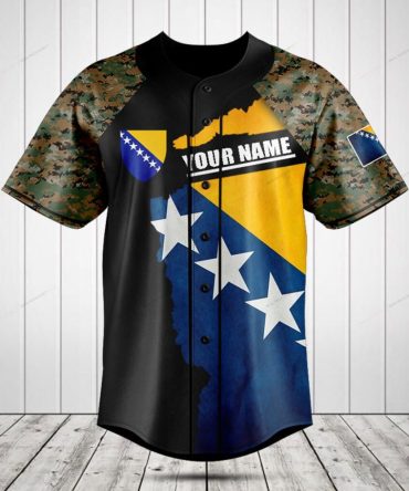 Custom Bosnia Flag Baseball Jersey – Personalized Name & Camo Sleeves