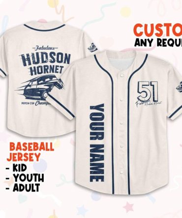Custom Baseball Jersey – Personalized Name & Number For Kids, Youth, Adults – Hudson Hornet Design