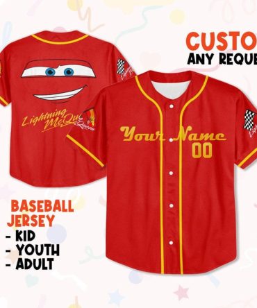 Custom Lightning Mcqueen Baseball Jersey - Kids, Youth, Adult Sizes - Personalize Your Name & Number!