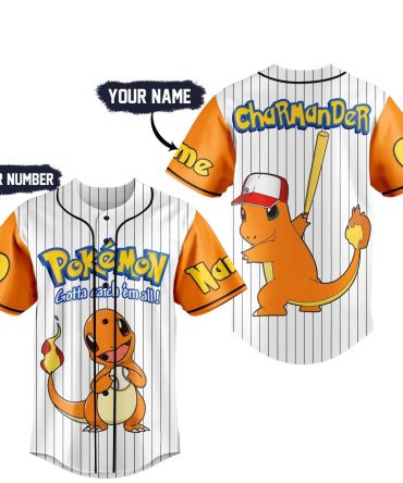 Customizable Charmander Baseball Jersey - Personalize Name & Number - Pokémon Fan Gift