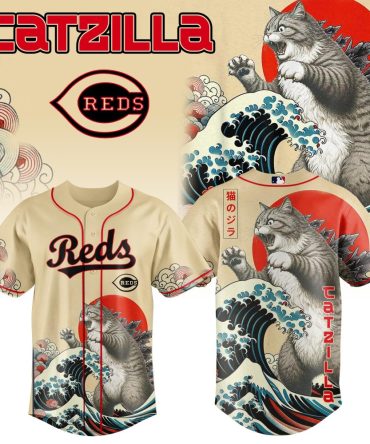 Unleash Catzilla: Unique Reds Baseball Jersey With Japanese Art Design