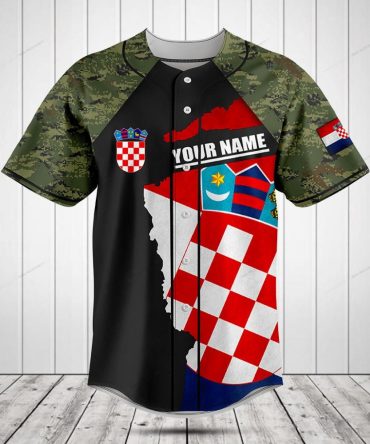 Custom Croatia Flag Baseball Jersey – Personalized Name & Camo Sleeves – Unisex Sportswear