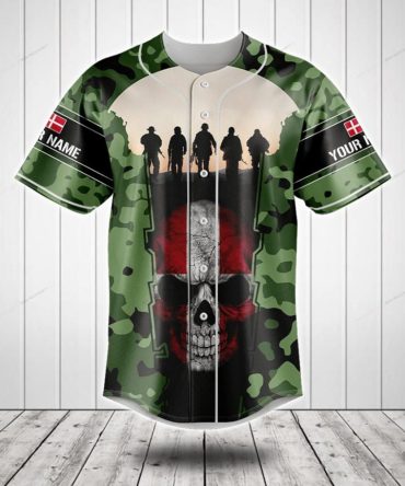 Custom Camouflage Military-Themed Baseball Jersey With Skull Design - Personalized Name & Flag