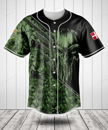 Men'S Camo Skull Baseball Jersey - Military Green & Black Graphic Tee Top
