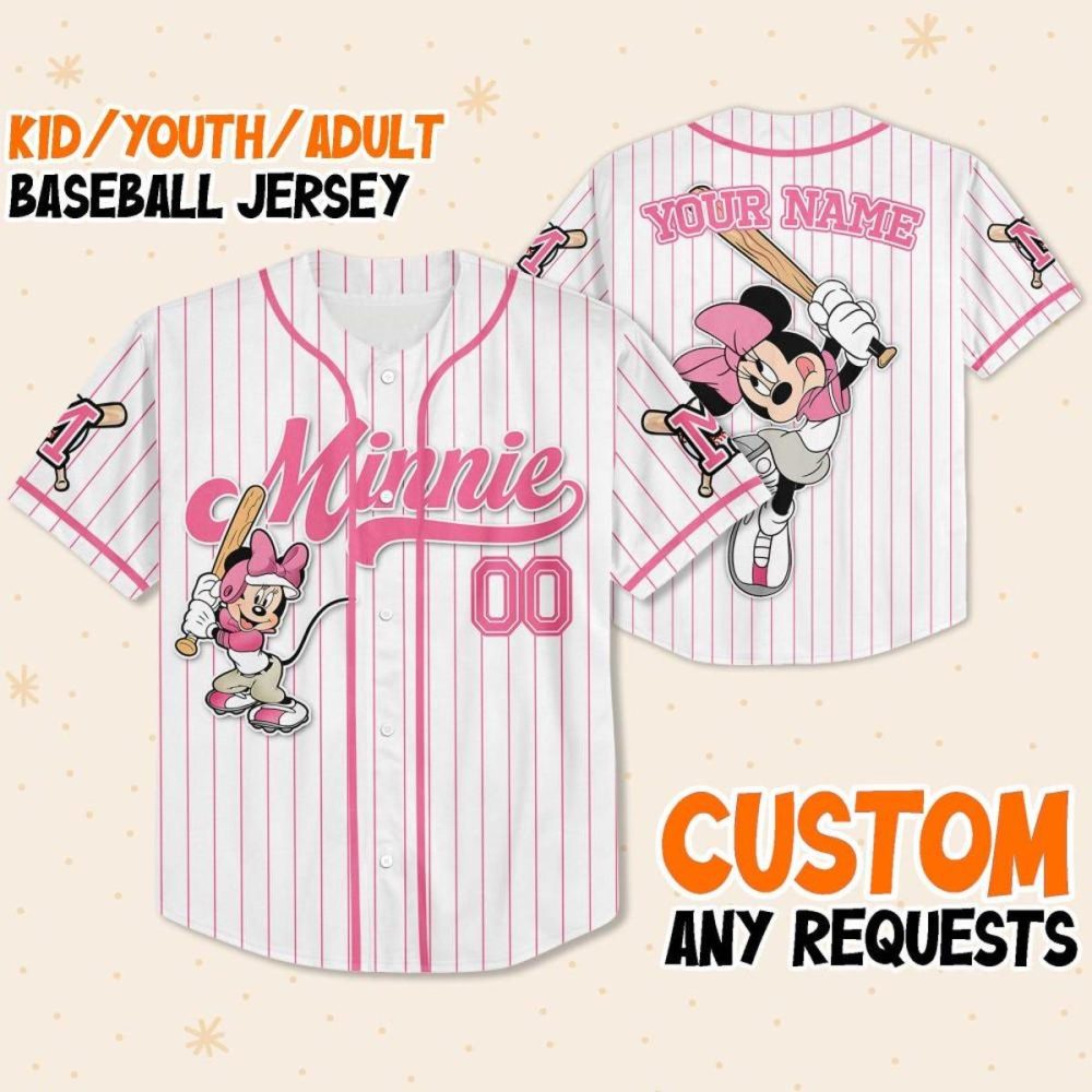 Custom Minnie Mouse Baseball Jersey For Kids/Youth/Adults – Personalize Your Name!