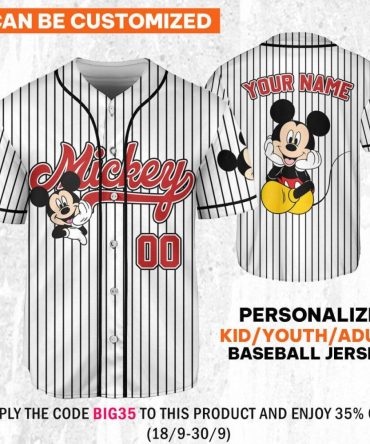 Custom Mickey Mouse Striped Baseball Jersey – Personalize For Kids/Adults! Limited Edition