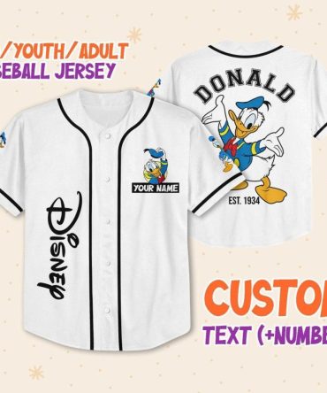 Custom Disney Donald Duck Baseball Jersey For Kids/Adults - Add Your Name & Number