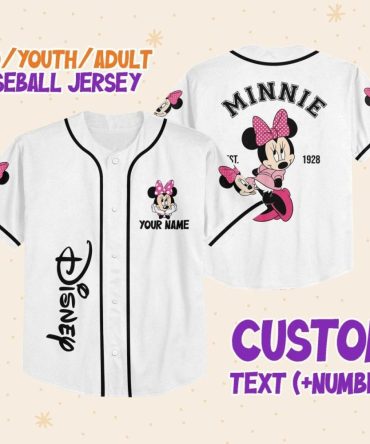 Custom Disney Minnie Mouse Baseball Jersey – Kids/Youth/Adult Sizes – Personalize With Name & Number!