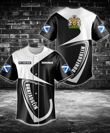 Custom Dunfaurlin Baseball Jersey - Stylish Black & White Design With Scottish Flags