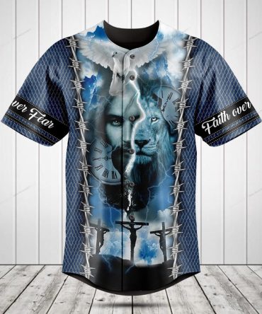 Faith Over Fear Spiritual Baseball Jersey - Bold Lion & Clock Design, Men'S Christian Apparel