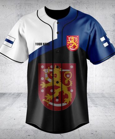 Custom Finnish Flag Baseball Jersey – Personalized Team Sportswear With Lion Emblem