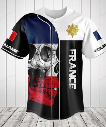 Custom France Skull Flag Baseball Jersey – Personalized Name & Number, Unique Design