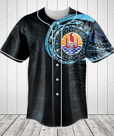 Tribal Pattern Baseball Jersey – Unique Polynesian Design, Black & Blue, Unisex Casual Wear