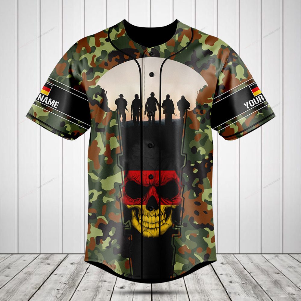 Custom Camo Baseball Jersey With Skull & Soldiers Design - Personalized Name - Unique Gift