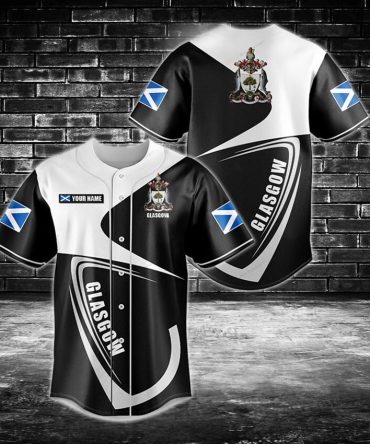 Custom Glasgow Baseball Jersey – Stylish Black & White Design With Scottish Flag