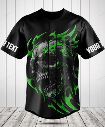 Customizable Black Skull & Flames Baseball Jersey - Bold Graphic Tee For Unique Style