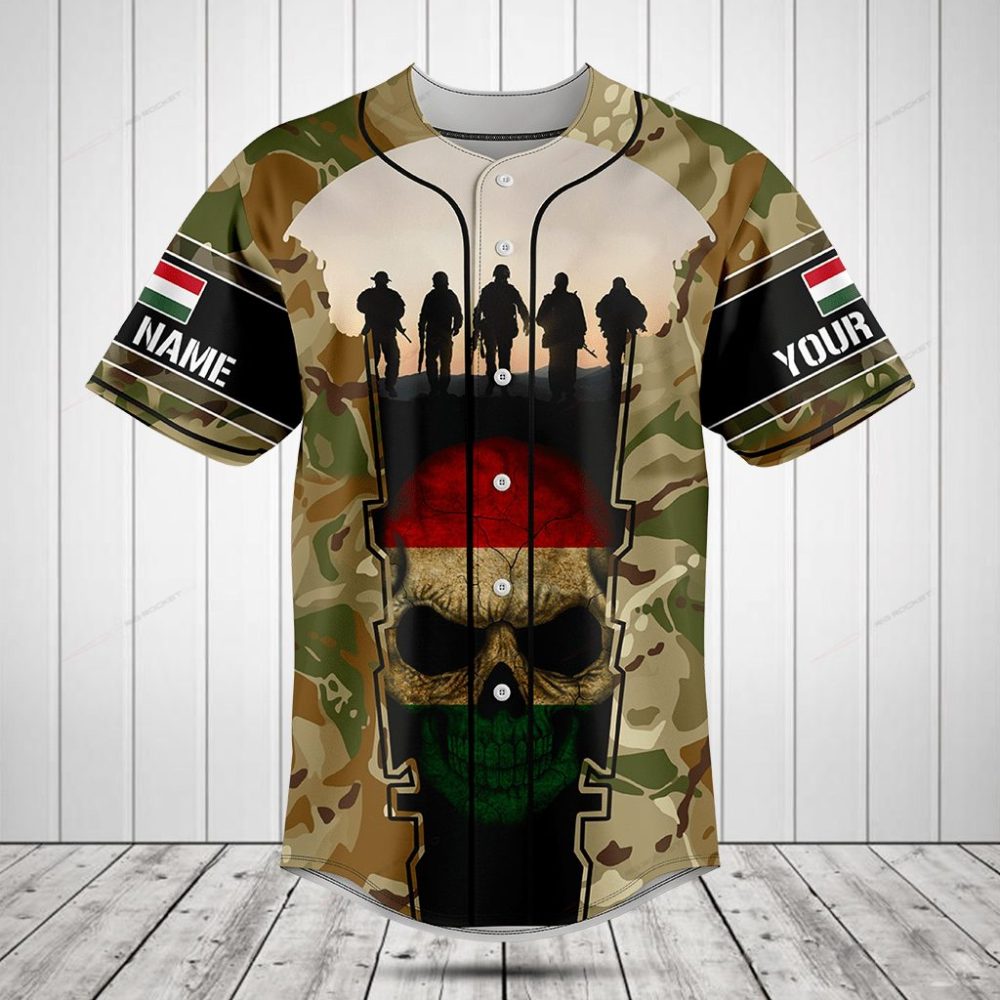 Custom Camo Baseball Jersey With Military & Skull Design - Personalize Name & Flag