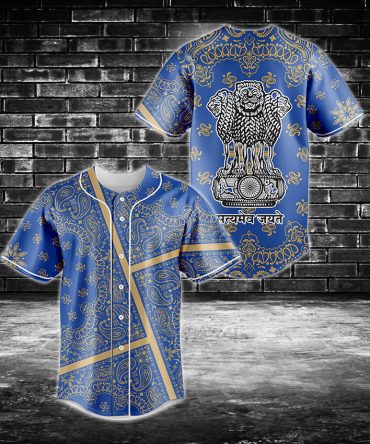 Exclusive Blue Paisley Baseball Jersey With Ashoka Emblem - Stylish Men'S Shirt