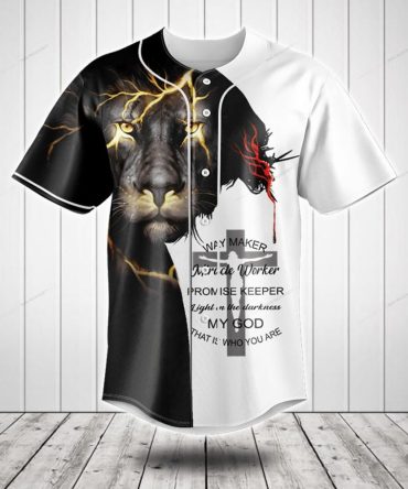 Certainly! Here'S A High Ctr Product Title For The Shirt:

Bold Lion & Faith Graphic Baseball Jersey - Unique Christian Apparel