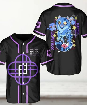 Vibrant Cat Design K-Pop Baseball Jersey Shirt - Unisex Black & Purple Graphic Tee
