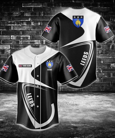 Custom Leeds Baseball Jersey - Stylish Black & White Design With Uk Flag Patches