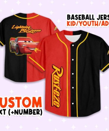 Custom Lightning Mcqueen Baseball Jersey – Kids/Youth/Adult Sizes – Add Your Text & Number!