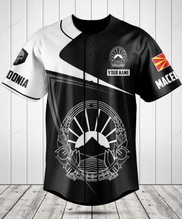 Customizable Macedonia Baseball Jersey - Unique Black & White Design With Flag And Name Personalization