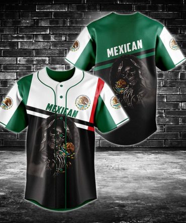 Mexican Flag Baseball Jersey - Stylish Grim Reaper Design, Perfect Gift!