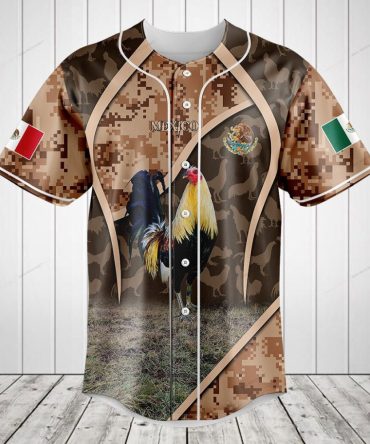 Men'S Camo Rooster Baseball Jersey - Mexican Flag Design, Breathable Sport Shirt