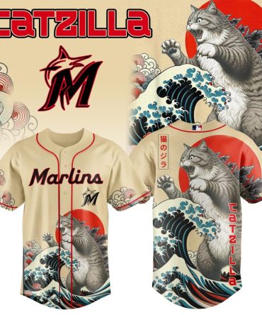 Unleash Style: Marlins Catzilla Baseball Jersey - Unique Art & Comfort