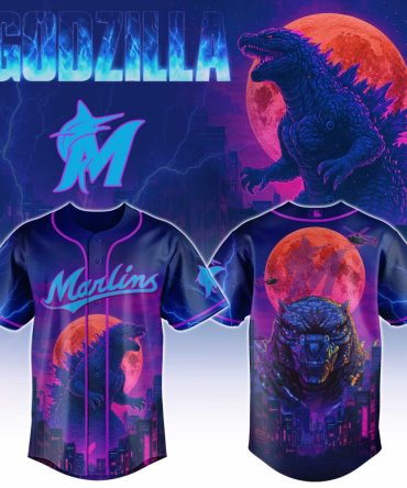 Epic Godzilla Cityscape Baseball Jersey - Neon Marlins Design, Perfect For Fans!