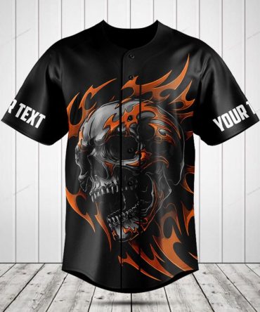 Customizable Skull Flames Baseball Jersey - Bold Black & Orange Design For Men