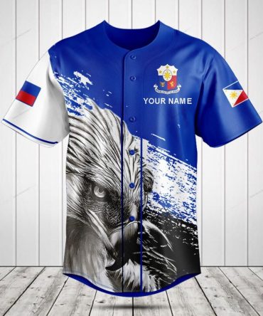 Customizable Eagle Design Baseball Jersey - Blue & White With Flag Accents - Perfect For Sports Fans