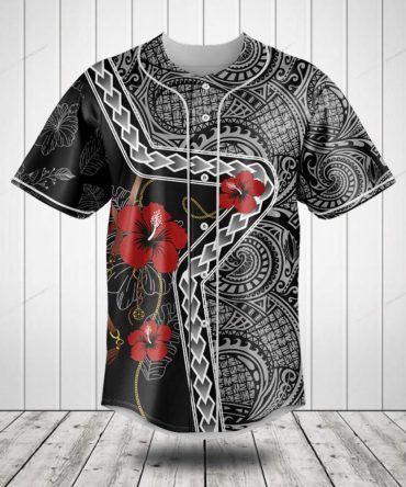 Tribal Floral Baseball Jersey - Bold Black & Red Design, Unisex Summer Style